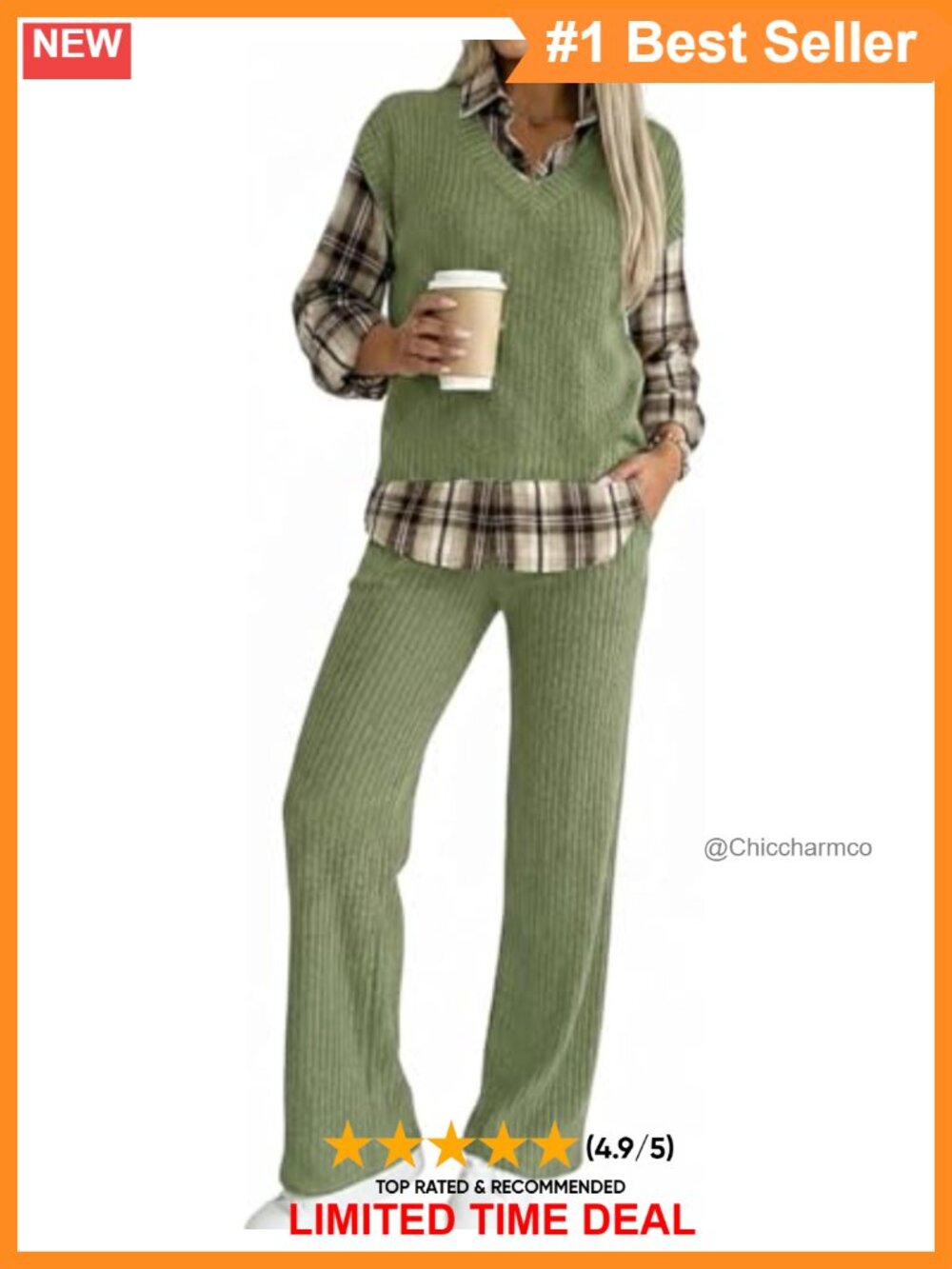Women's 2 Piece Plaid Spliced Turn-Down Collar Ribbed Pant Set